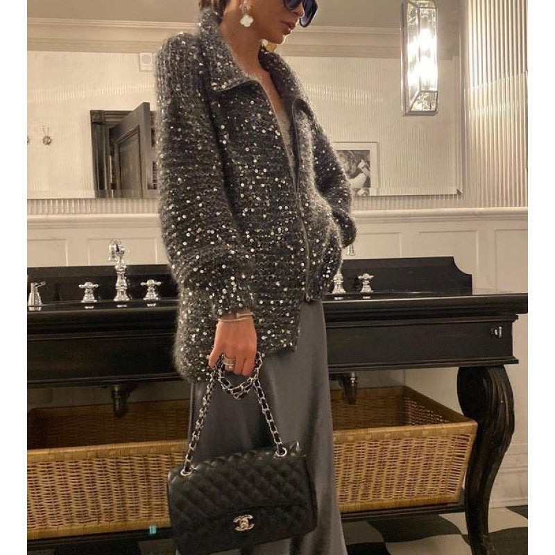 Marianne / Pull Manteau tricoté à paillettes
